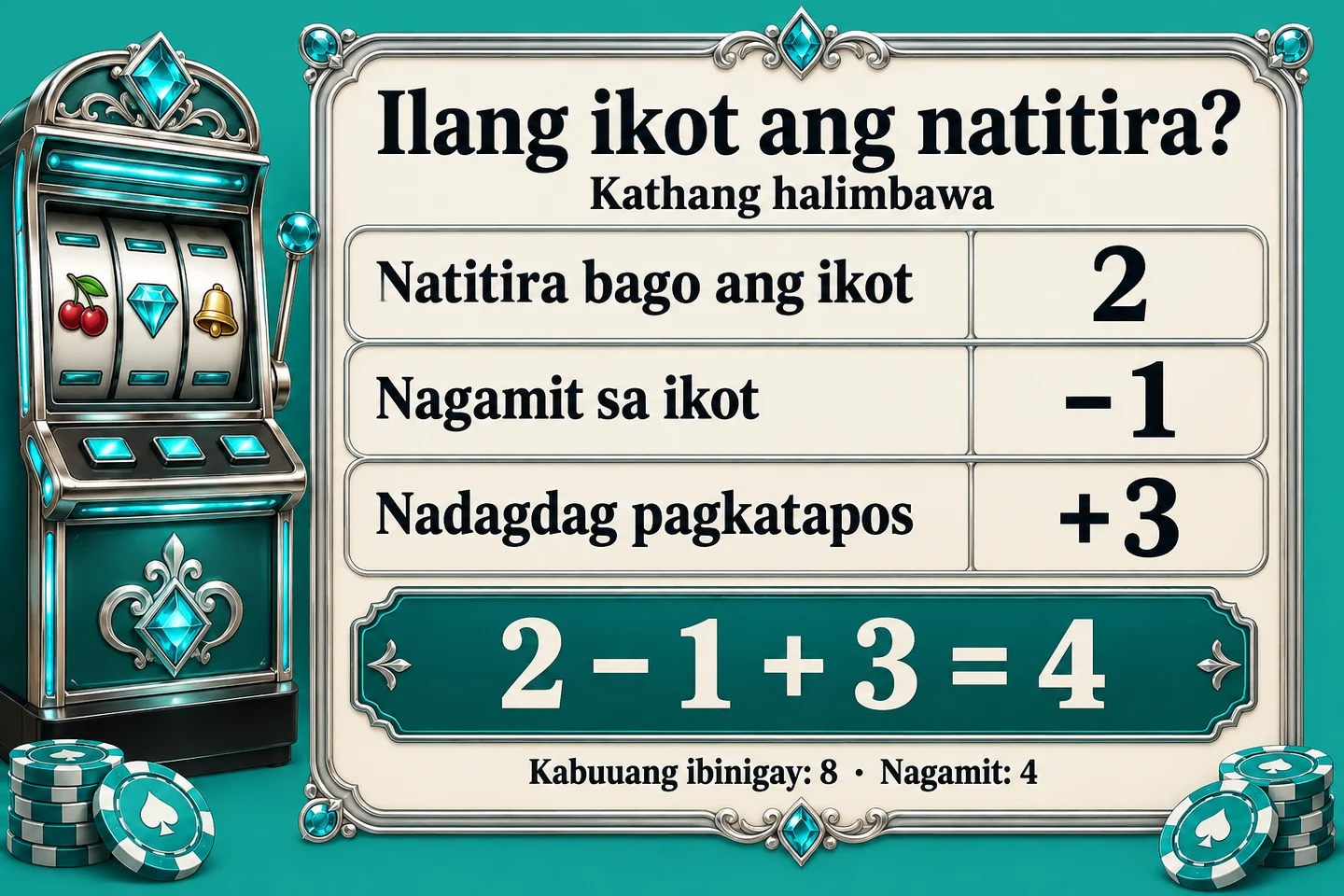 Kathang spin ledger: natitira2 bago ang ikot, nagamit1, nadagdag3, kaya natitira4; total granted8 at used4.