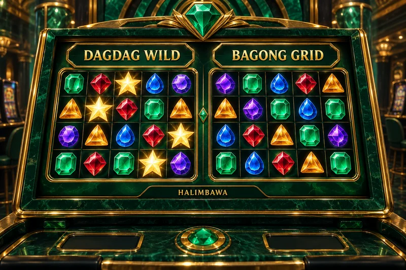 Orihinal na slot concept: Gems Bonanza. Nuclear at Lucky Wilds: magkaibang pagbabago sa board. Hindi actual provider screenshot.