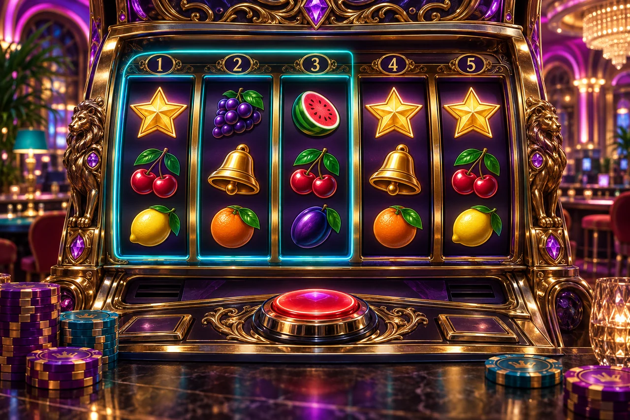Five-reel slot illustration with stars on reels 1, 4 and 5 and the first three reels outlined.