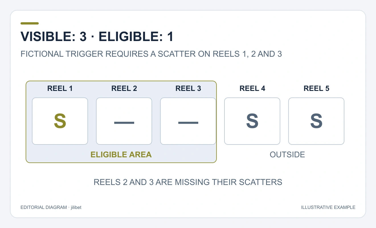 Five reels numbered 1 to 5 show Scatters on reels 1, 4 and 5; only reel 1 is inside the eligible set of reels 1, 2 and 3.
