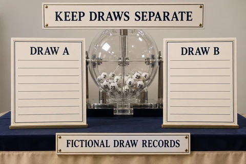 Lottery drum with two separate example record boards labelled DRAW A and DRAW B