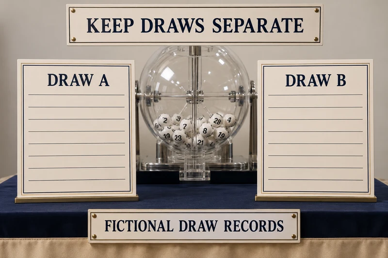 Lottery drum with two separate example record boards labelled DRAW A and DRAW B