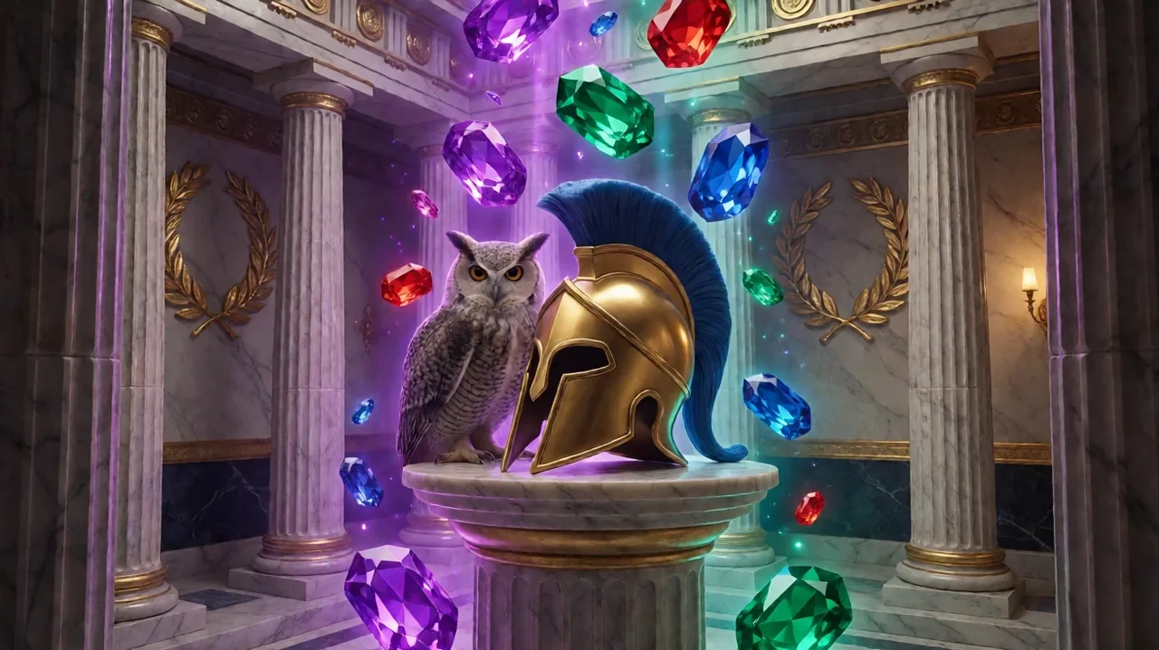 A grey owl beside a golden Greek helmet with a blue crest on a marble pedestal, with purple, green, blue and red gemstones falling between marble columns lit in purple and teal