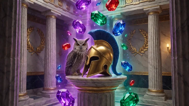 A grey owl and a golden Greek helmet on a marble pedestal with gemstones falling between purple and teal lit columns