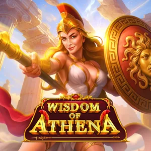Official Wisdom of Athena game tile showing Athena in a golden crested helmet with a spear and a shield bearing a Medusa face, above the WISDOM OF ATHENA logo