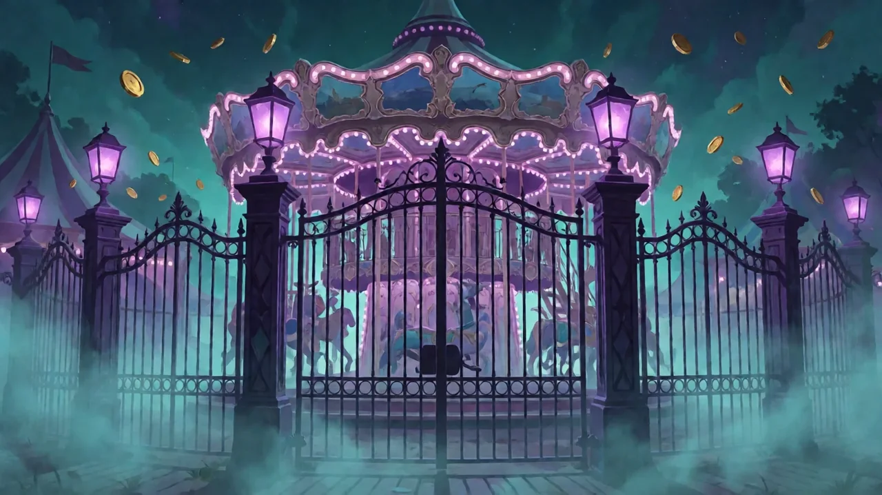 A black wrought-iron gate with glowing purple lanterns in fog, in front of a carousel, with gold coins drifting in a teal night sky