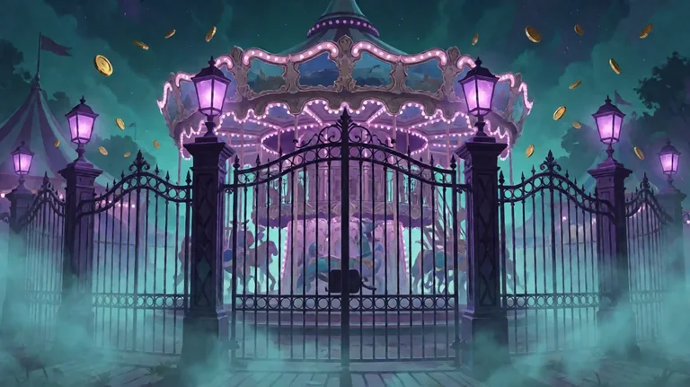 A black wrought-iron gate with glowing purple lanterns in fog, in front of a carousel, with gold coins drifting in a teal night sky