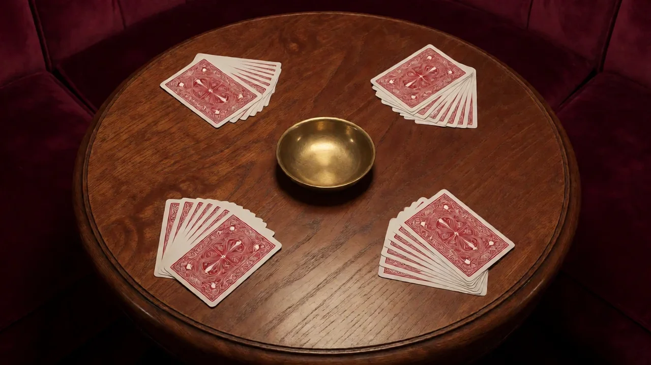 Four fanned hands of red patterned playing cards face down around a brass bowl on a round wooden table, with burgundy velvet seats