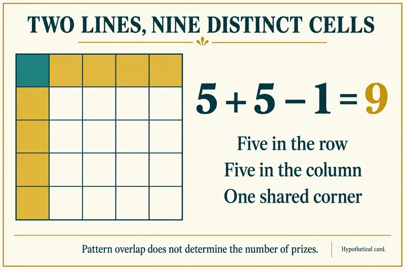 Five cells in a row plus five in a column minus one shared corner give nine distinct highlighted cells.